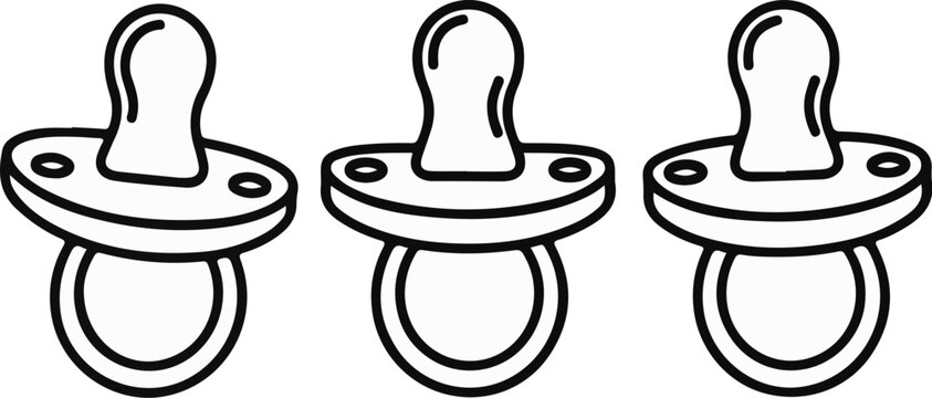 Three simple line drawings of baby pacifiers in a row