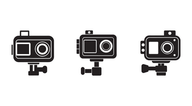 Three black action camera icons with different designs on white background  action camera icons  camera icons