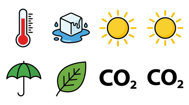 Climate change icons including thermometer, melting ice cube, sunny days, umbrella, leaf, and CO2 symbols