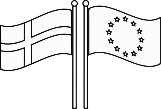 Two flags, one with a cross, the other with stars in a circle, wave