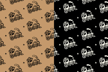 Railway locomotive with light retro seamless pattern on tan black background set for merchandise. Steam train vintage pattern background. Classic train engine hand drawn repeat motif wallpaper © salzcreative