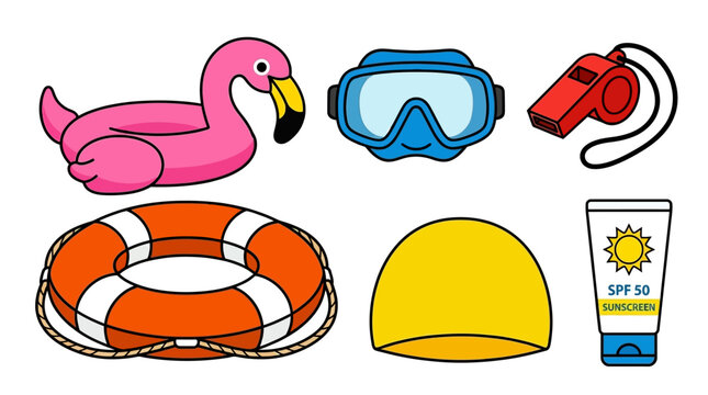 Cartoon beach and pool safety and fun items including flamingo floatie and snorkel gear