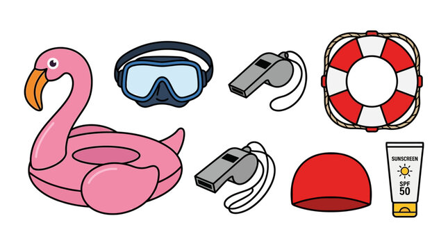 Beach summer pool inflatable flamingo float with swim goggles lifebuoy and other accessories