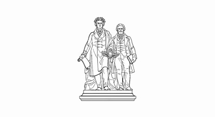 Fototapeta premium Two men in historical attire stand on a pedestal, one holding a scroll and laurel