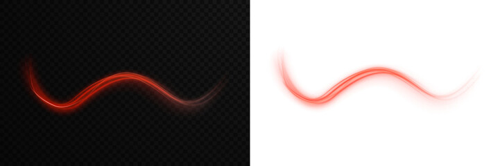 Obraz premium Semicircular red wave and light vortex. Abstract red light lines of movement. Neon glow flare and shiny red speed lines effect vector PNG background for creative projects.