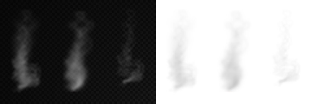 Set of realistic white and gray smoke or steam. Abstract smoke waves for light backdrops. Decorative steam for hot drinks and food presentation in professional photography.