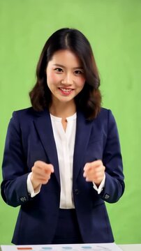 Asian young adult businesswoman on green screen points down with both hands and a bright promotional smile for buttons links offers subscribe areas or app call to action edits asian woman