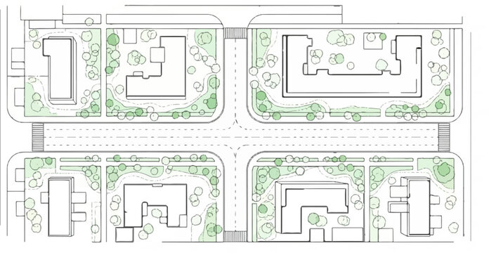 Urban intersection with buildings and green spaces, overhead view