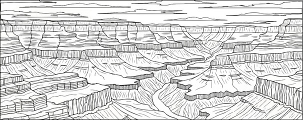 Obraz premium Vast canyon with layered rock formations carved by river, under cloudy sky