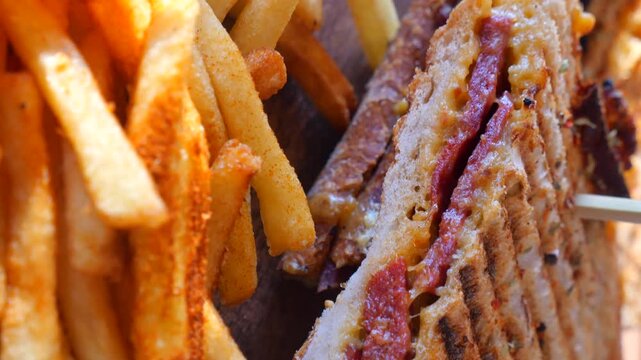 Close up slow motion of toasted sandwich with salami and cheese served with french fries.