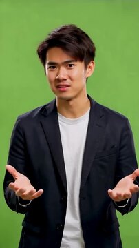 Asian young adult male presenter on green screen opens both palms upward in a what can I say gesture for uncertainty explanation confusion or conversational social media reactions asian man