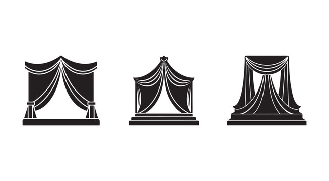 Three black and white illustrations of draped stages with curtains in different designs  theatrical backdrops for presentations or performances