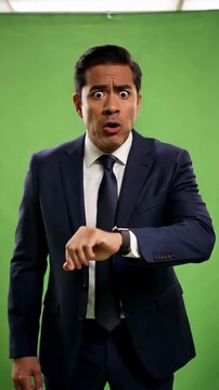 Hispanic middle aged businessman on green screen checks an invisible smartwatch and reacts with sudden alarm for deadline urgency time pressure or missed appointment scenes hispanic man