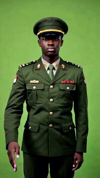 Black young adult male soldier on green screen salutes with firm discipline and proud confidence for military respect honor service duty or patriotic compositions soldier