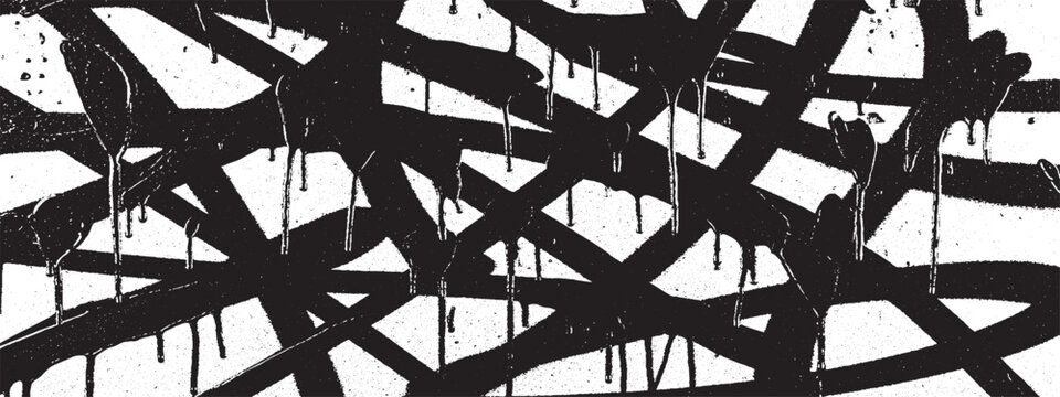 Abstract pattern of black spray paint lines with drips with black and white street art paint stroke design element splatters distressed effect backdrop texture