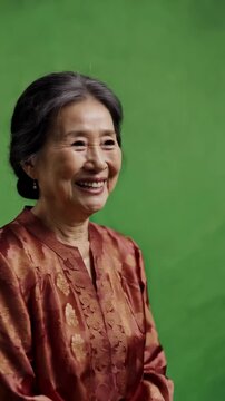 Asian elderly woman on green screen laughs softly and wipes a tear of joy for heartwarming family happiness funny memory or emotional relief scenesasian woman
