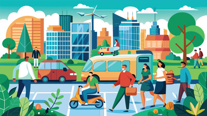 Naklejka premium City scene shows people, cars, buses, and buildings during a busy day in an urban area with green space and wind turbines
