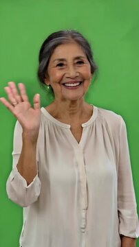 Hispanic elderly woman on green screen gives a warm welcoming wave hello with kind eye contact for hospitality introduction family greeting or service communication sceneshispanic woman
