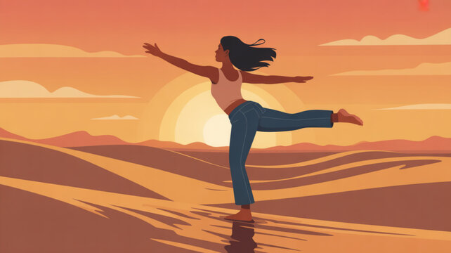 Woman practicing yoga on desert sand at sunset with arms outstretched and one leg raised in a serene landscape