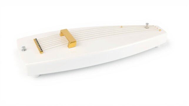 White zither instrument rests on white surface. Strings stretch across golden bridge, secured by metal pins. Simple design.