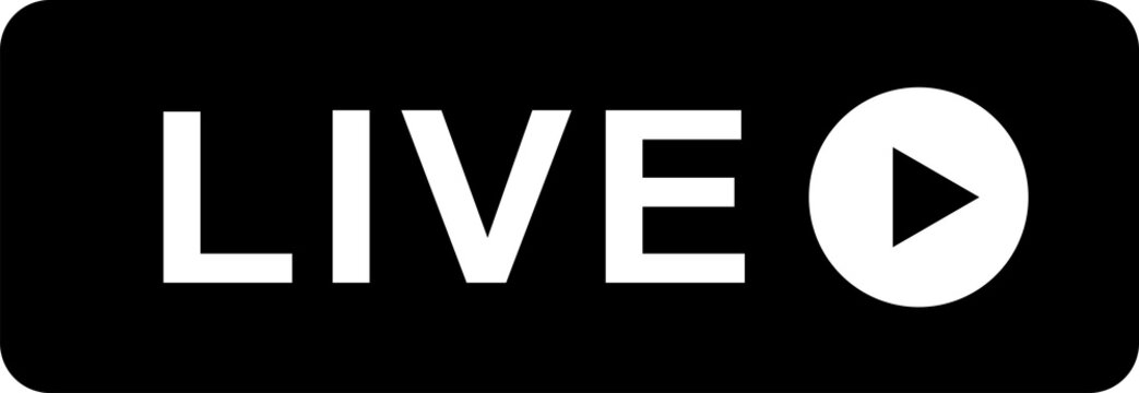 Black live broadcast button with play icon isolated on transparent background