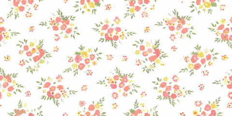 Fototapeta premium Delicate floral pattern with small pink and yellow blossoms on white