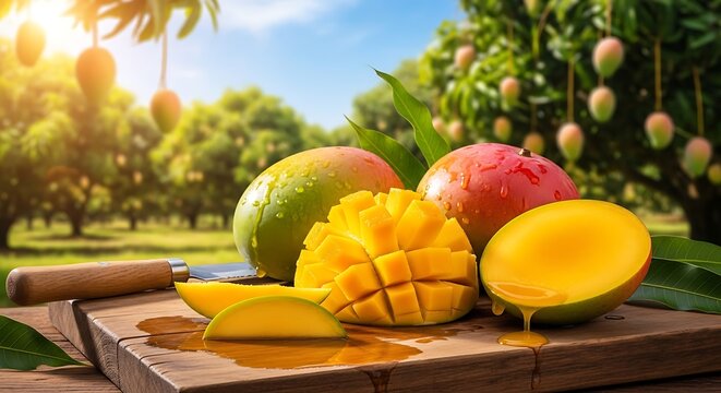 Ripe mangoes on wooden board with orchard background at sunny day