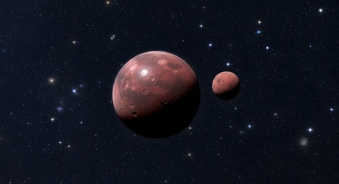 3d render of mars and its moon phobos in deep space with starry background
