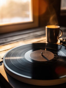 Vintage vinyl record playing with steaming mug of coffee on wooden surface at sunrise
