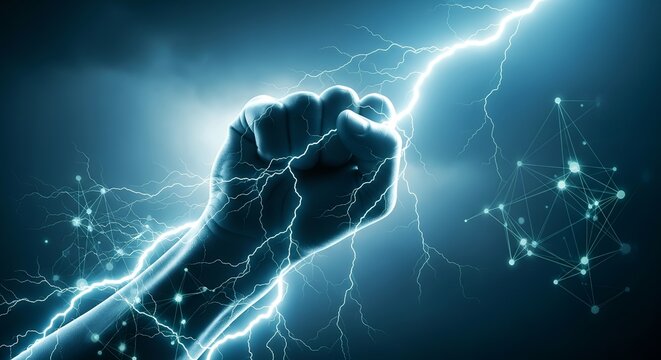 Fist clenched, crackling with electric energy. Blue glow pulses through the lightning strike. Hand emerges from dark, stormy background. Fragments of connected light float nearby