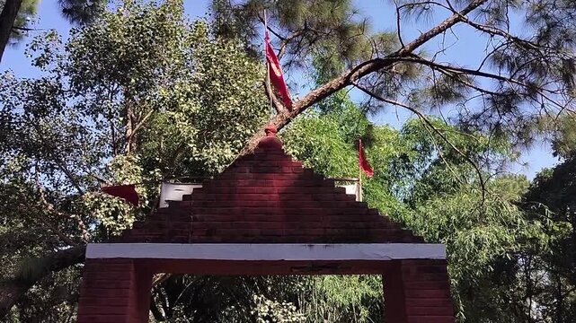 front gate with flag on baba balak nath temple  hamirpur himachal pradesh india