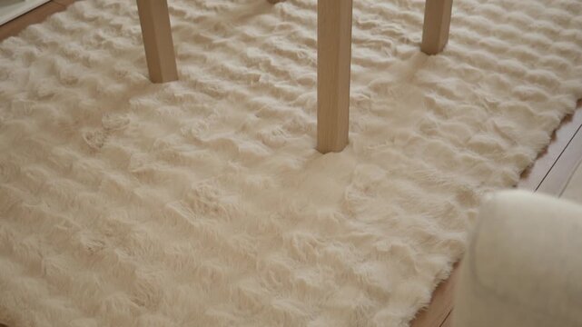 Soft fluffy rug texture in a room with wooden table legs and couch edge.