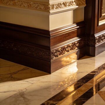 A luxurious interior corner featuring ornate wooden baseboards and marble flooring illuminated by warm sunlight.