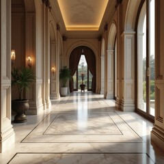 Obraz premium A luxurious hallway with marble floors, arched columns, and elegant lighting, showcasing opulent interior design.