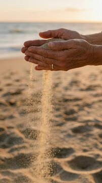 A pair of hands gently let sand flow through fingers on a beach as the sun sets in the background. This action reflects the passage of time and the connection to nature