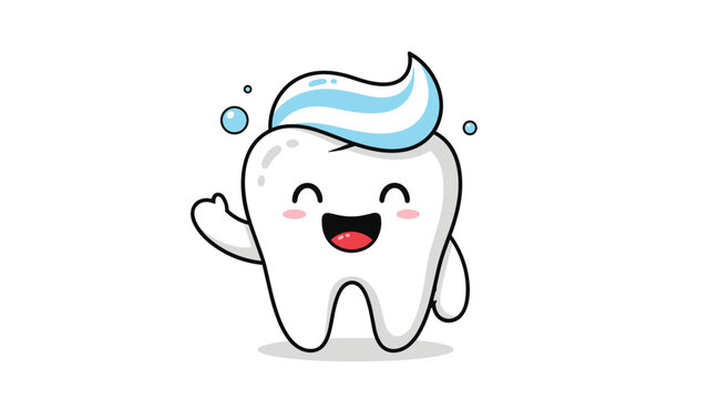 Cheerful cartoon tooth character wearing a dollop of blue toothpaste like a stylish hat and waving a friendly hello to promote oral hygiene.