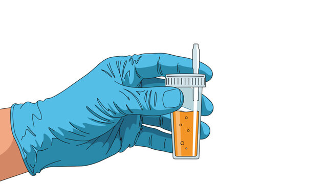 Gloved hand holds a clear laboratory vial containing a yellow urine sample for essential medical diagnostic testing and health monitoring.
