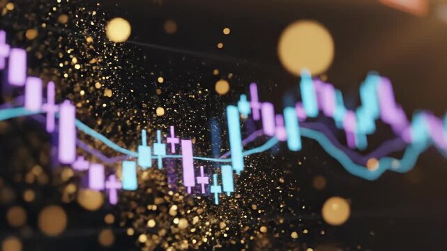 Colorful financial chart with candlestick patterns and glowing lines showing market trends, surrounded by golden particles on a dark background