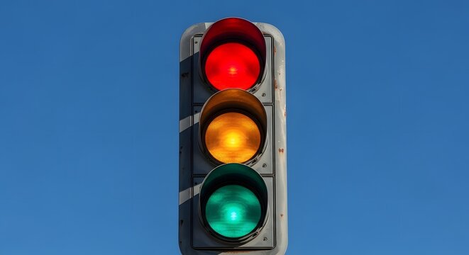 A traffic light with red, yellow, and green lights against a blue sky background.