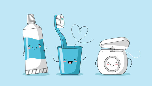 Set of happy dental care characters including a tube of toothpaste, a toothbrush, and a box of dental floss.