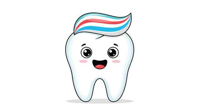 Happy cartoon tooth character wearing a dollop of red, white, and blue striped toothpaste as hair smiles brightly on a white background.