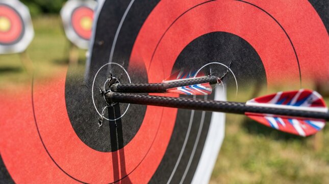 Archery Target Close-Up with Arrows Hitting Bullseye - Red and Black Bullseye Target Photography

