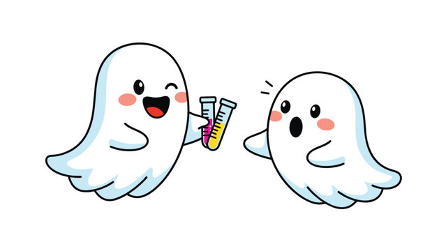 Two friendly ghosts in a science lab experiment with a smiling ghost holding two test tubes containing colorful pink and yellow liquids.