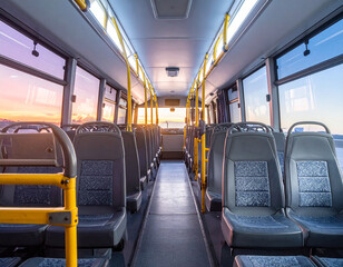 Obraz premium Empty bus interior with sunset view