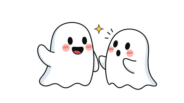 Two adorable cartoon ghosts with rosy cheeks celebrating with a high five under a yellow shining star.
