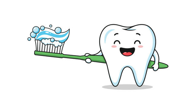 Smiling cartoon tooth character holds a green toothbrush with a fresh dab of blue and white toothpaste.