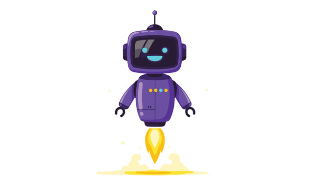 Friendly purple robot character takes flight with a bright yellow rocket flame emerging from its base in a space-themed illustration.
