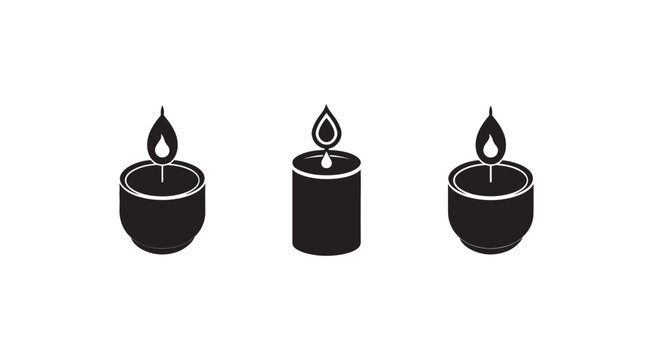 Three black candles with flames burning on white background  simple icons for decoration or design