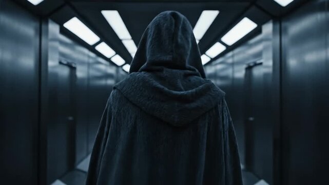 Mysterious figure in dark hooded cloak walks through a dimly lit elevator corridor with metallic walls and bright overhead lights creating an atmospheric setting