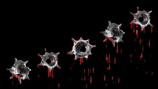 Realistic Broken cracks getting hit by several gunshot bullets with blood on Black Background.  Gunshot Muzzle Flash. Gun Fire. 